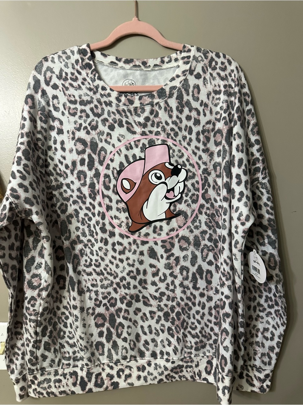 Girls' Leopard Print Sweatshirt with Pink Cartoon Animal Graphic